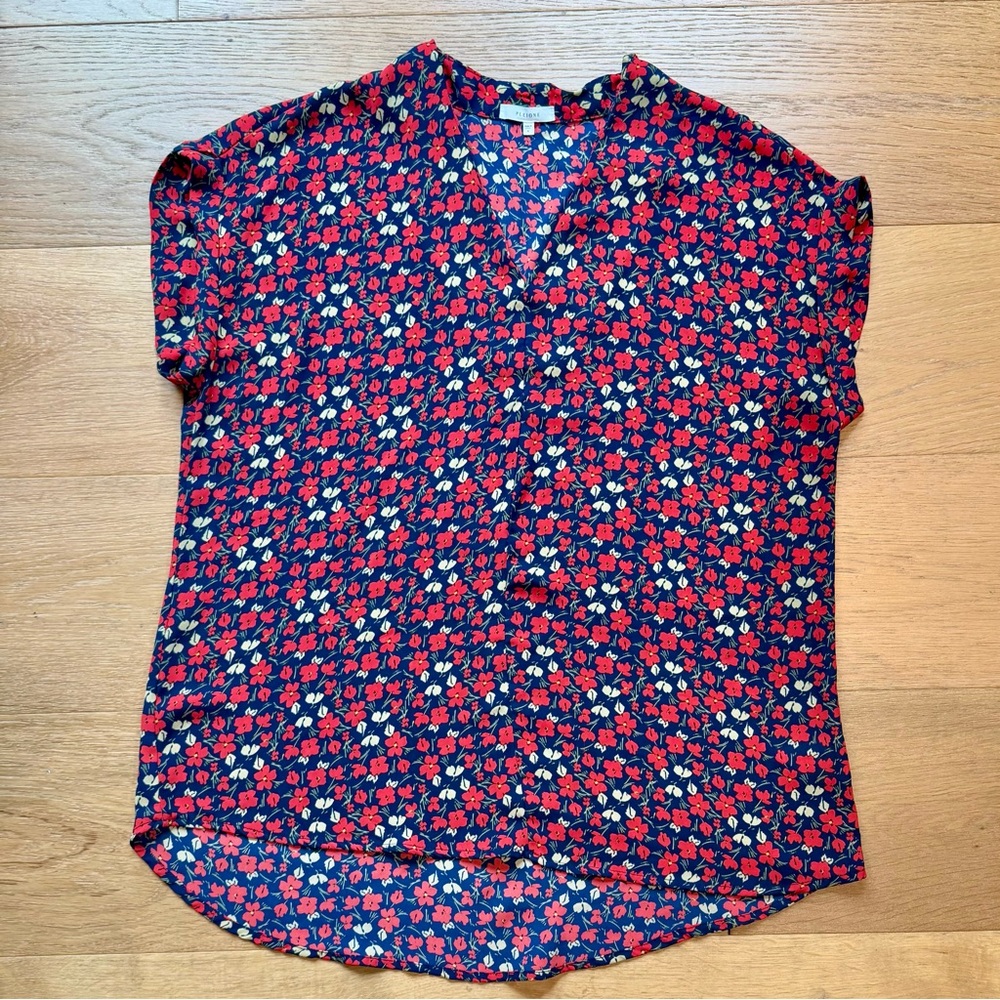 Pleione Nordstrom Navy Red Ditsy Floral Split Neck Tunic Blouse S Cottage Office